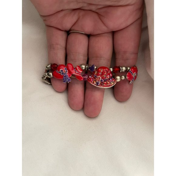 Vintage Silver Tone/Red/Purple Enamel Rhinestone Hat Charm/Bead Stretch Bracelet - Picture 10 of 12